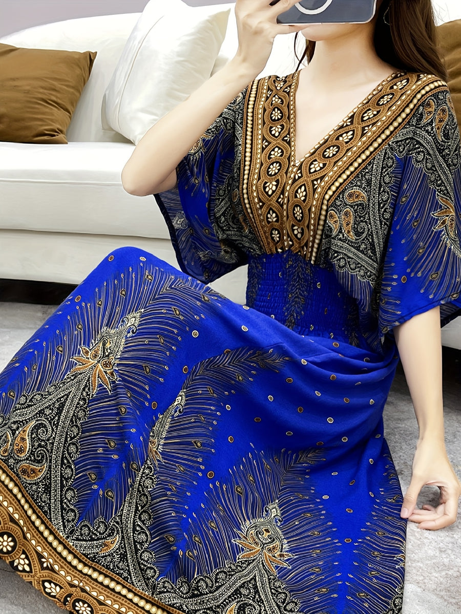 Summer Bohemian Women's Dress, Thin Beach Vacation Dress, 4 Colors Available, High Waist V-Neck Maxi Dress with Batwing Sleeves - Loose, Comfortable, and Breathable - Blue