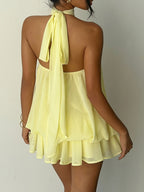 Women's Elegant Cream Yellow Chiffon Backless Tie-waist Mini Dress, Women's Date Dress, Women's Summer Dress, Women's Sundress, Women's Elegant Party Dress, Women's Birthday Dress. - Yellow