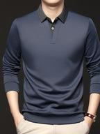 Men's Autumn/Winter 2-in-1 Look Polo Sweatshirt, Pullover Top, Business Casual, Daily Outings, Versatile and Durable, Warm and Comfortable, Ideal Gift Choice - Blue Grey