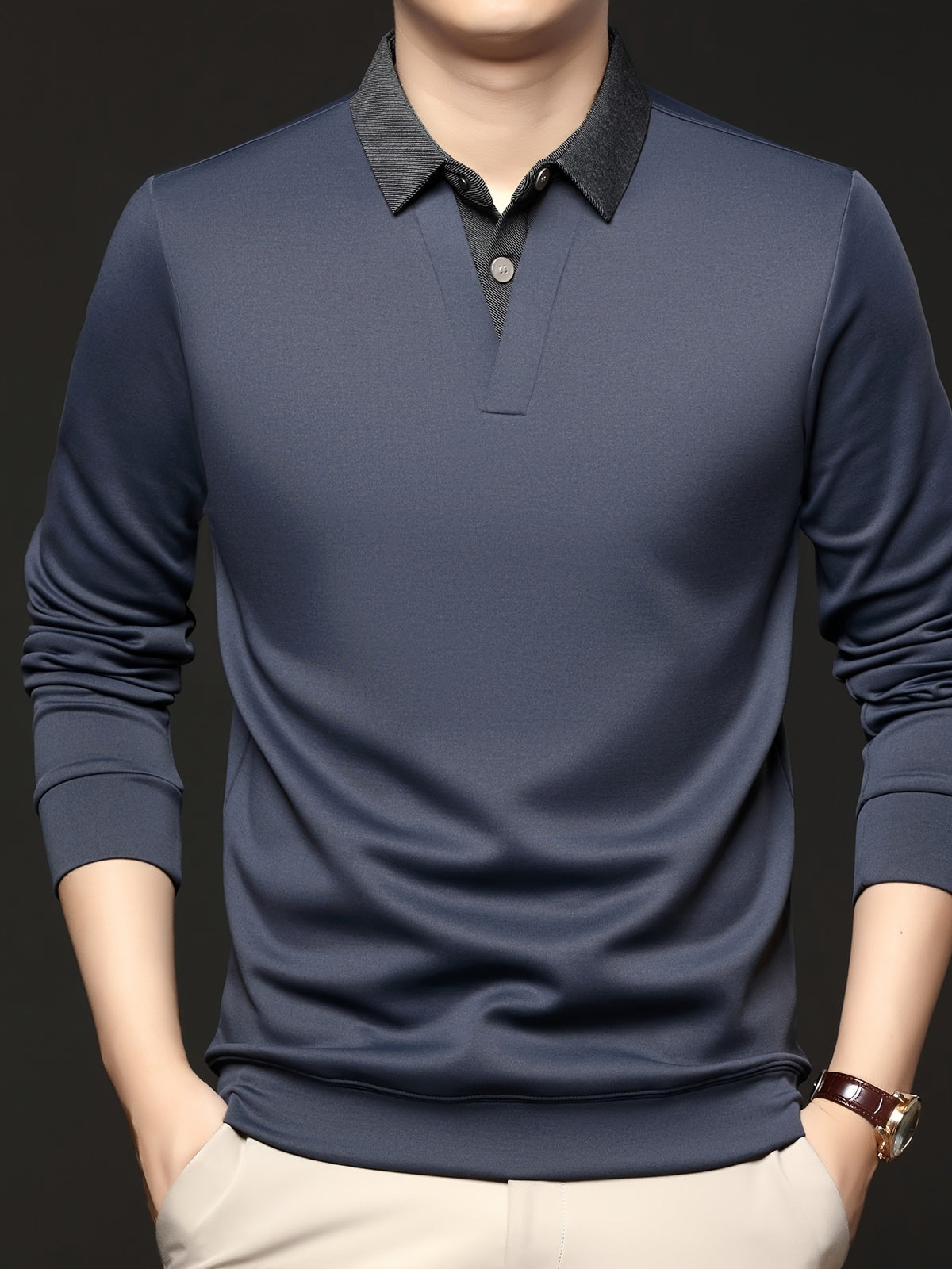 Men's Autumn/Winter 2-in-1 Look Polo Sweatshirt, Pullover Top, Business Casual, Daily Outings, Versatile and Durable, Warm and Comfortable, Ideal Gift Choice - Blue Grey