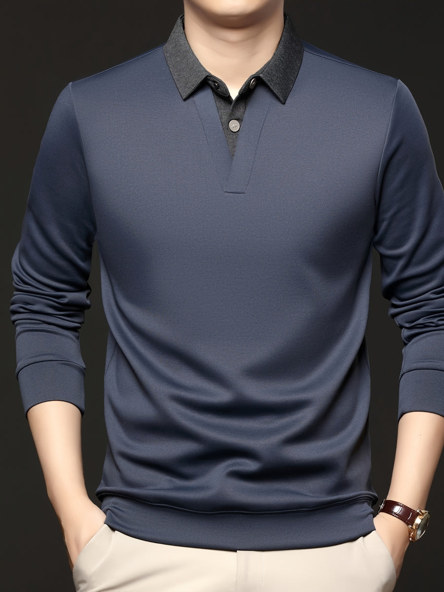 Men's Autumn/Winter 2-in-1 Look Polo Sweatshirt, Pullover Top, Business Casual, Daily Outings, Versatile and Durable, Warm and Comfortable, Ideal Gift Choice - Blue Grey