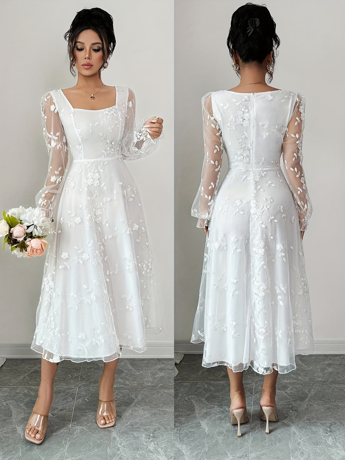 Women'S Elegant Mesh Embroidered Fabric Long Sleeve Bridesmaid Dress - White