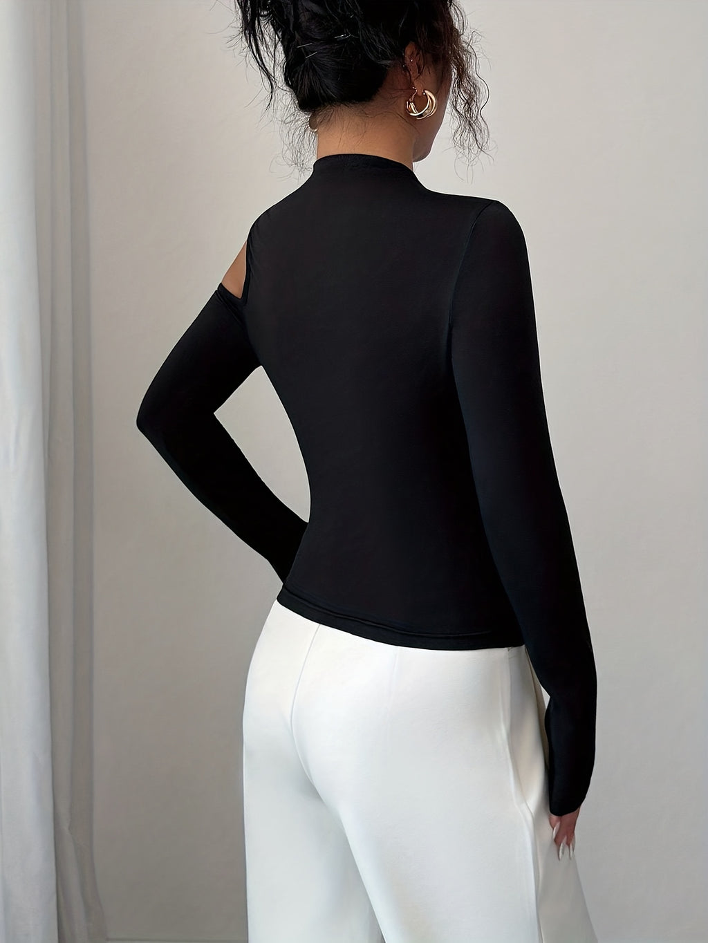 Women's Fashion Slant Collar Design with Metal Decoration Autumn Winter Long Sleeve Top - Black