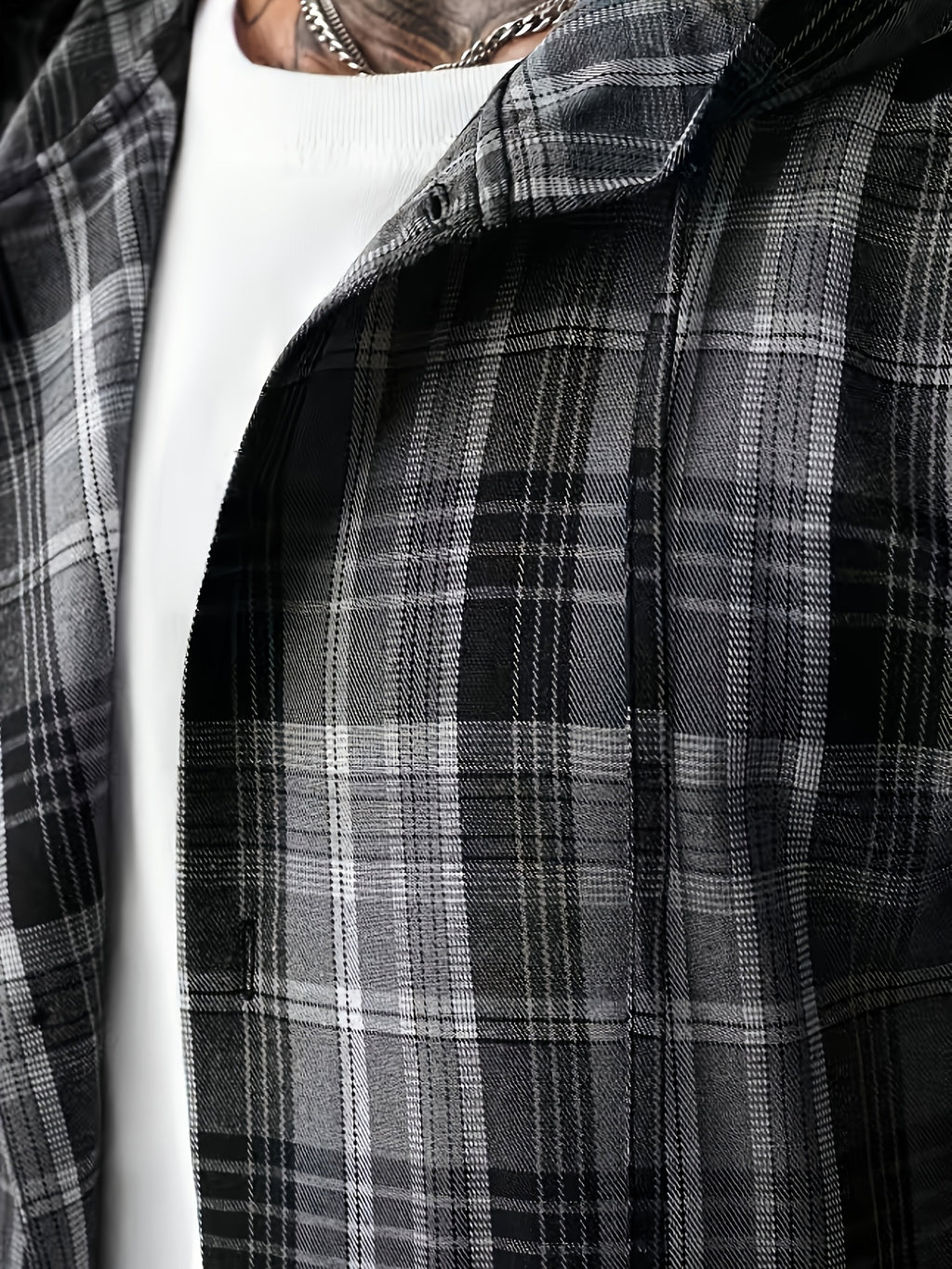 Men'S Black Gray Plaid Hooded Long Sleeve Shirt Jacket, Casual Loose Lapel Single-Button Top, Street Retro Daily Commute Layering Jacket - Black
