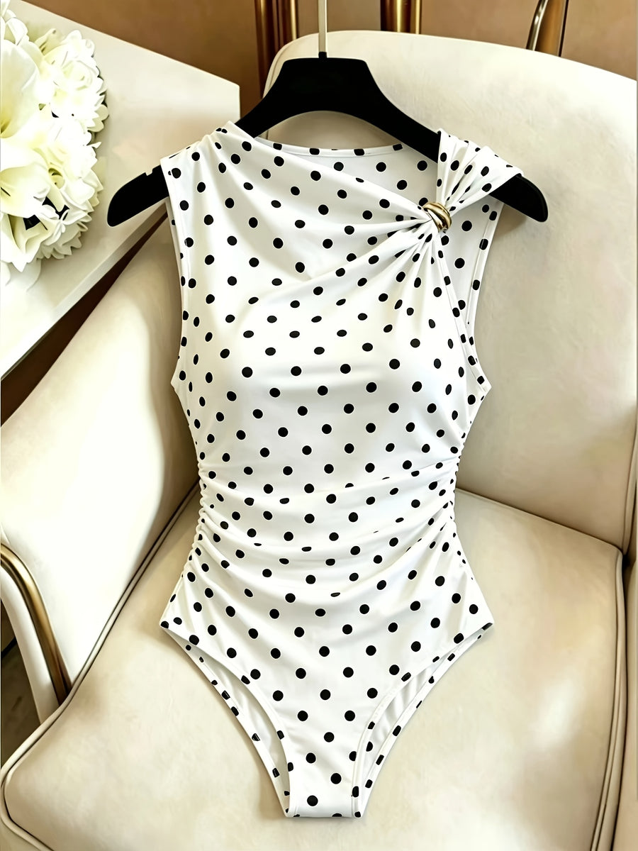 Simple and Casual Style Bodysuit: Classic Black and White Polka Dot Off-Shoulder Sleeveless Twist Detail Slim-Fit Bodysuit T-Shirt, Suitable for Spring and Summer Daily Layering and Commuting Outfits - Mixed colors