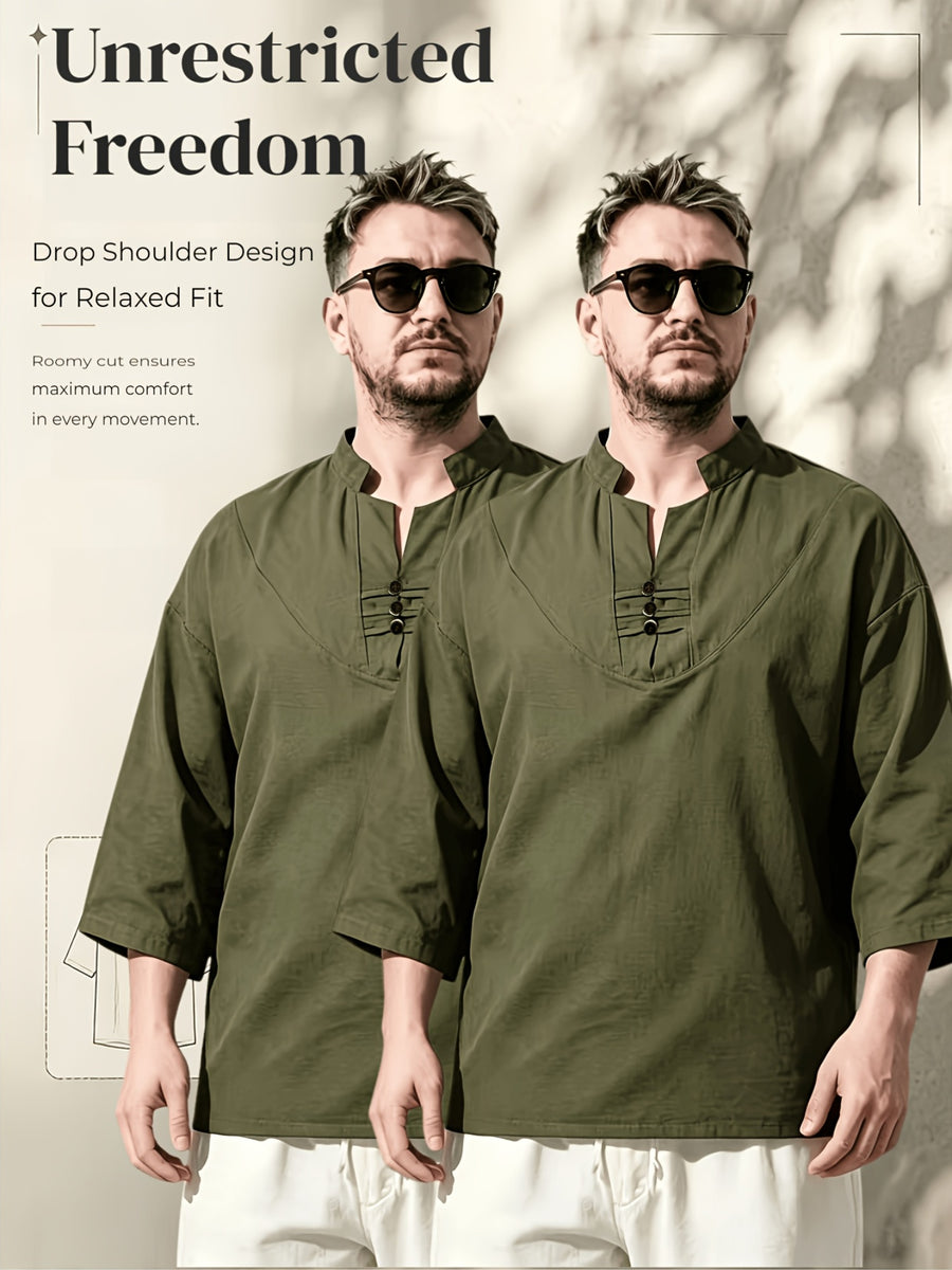 2pcs/Men'S Casual Shirts, New Linen V-Neck Casual Pullover Shirts for Daily Casual Wear, Solid Color 3/4 Sleeve Design, Suitable for Spring, Summer, And Autumn, Quick-Dry Non-Stretch Fabric, Loose Fit, Perfect Gift! - Tactical Green