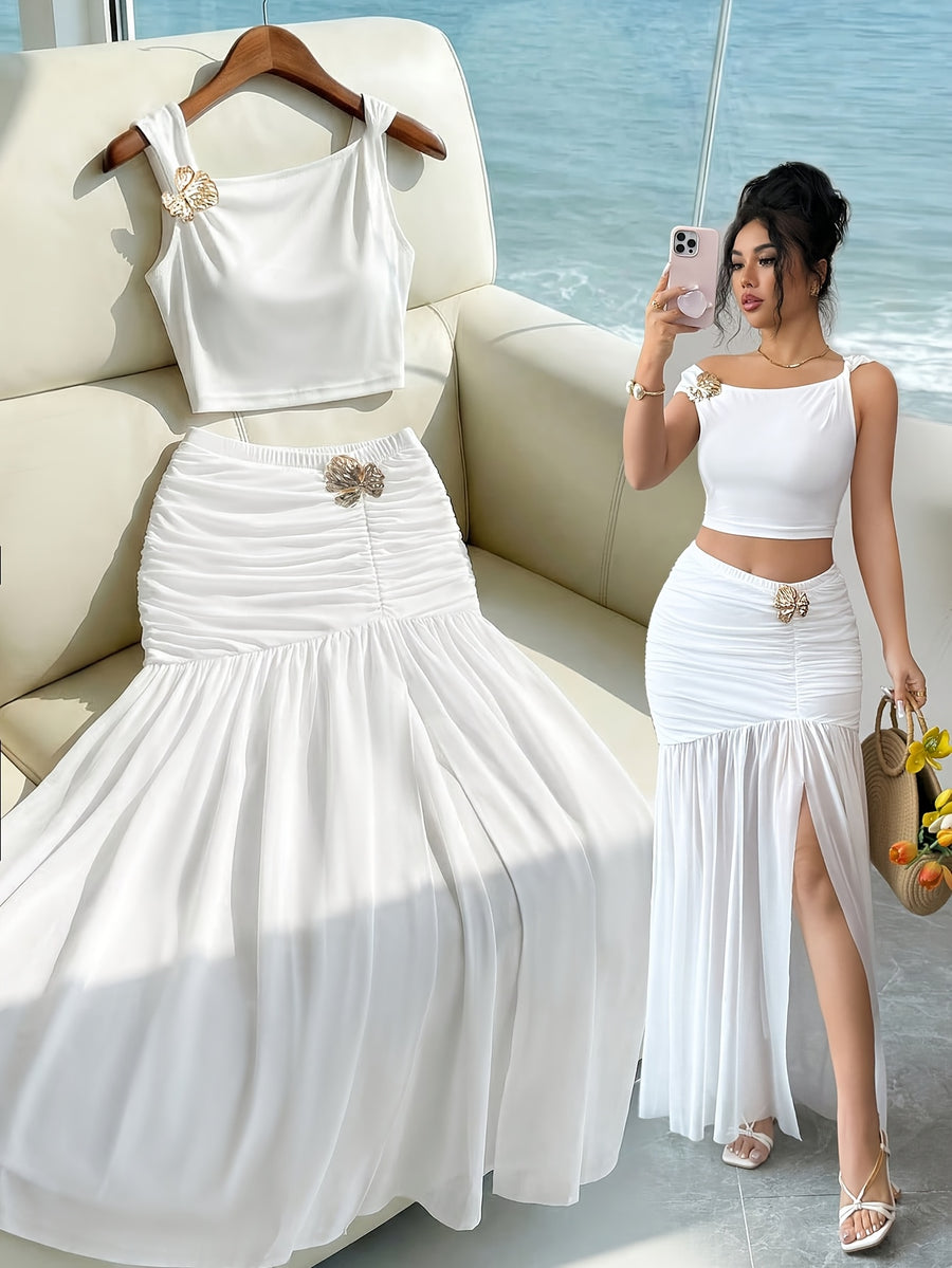 Golden Label Style Summer New Fashion Easy Elegant Off-Shoulder Asymmetrical Top And Mesh Patchwork Slit Skirt Set Women'S Elegant Two-Piece Outfit, Featuring a Cami Crop Top And Long Skirt, Adorned with Metal Embellishments, Slim Fit - White
