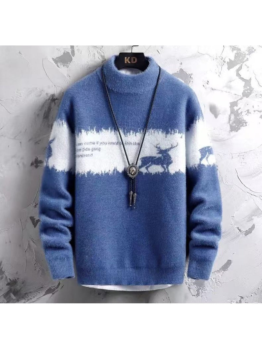 1pc Sweater, Men'S Warm Winter Fleece Round Neck Basic Casual Men'S Clothing, Suitable for Casual Outings And Dates, Youth Men'S Warm Pullover Long Sleeve Top - Blue