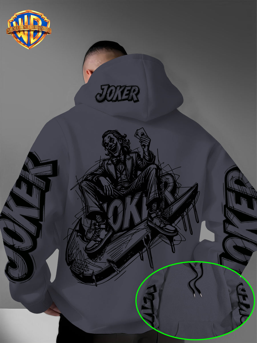 Authorized by Warner Bros., Joker Graffiti Style Print, Hat Design Pattern, Multi-Functional Street Style Men'S Hoodie, Comfortable Casual, Suitable for Autumn And Winter - Dark Gray