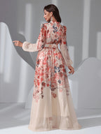 ZD1031037 Ink Wash Floral Print Stand Collar Sheer Long Sleeve Wide Waistband Slit Bridesmaid Dress for Banquets and Weddings - Red