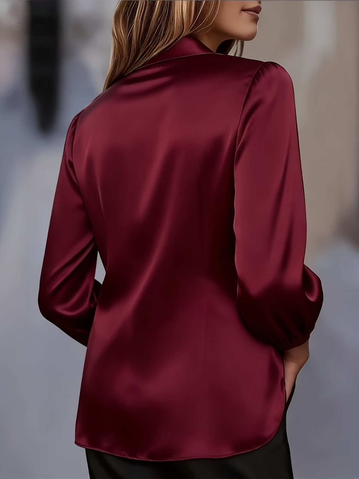 Women'S Elegant Shimmering V-Neck Long Sleeve Shirt - Burgundy