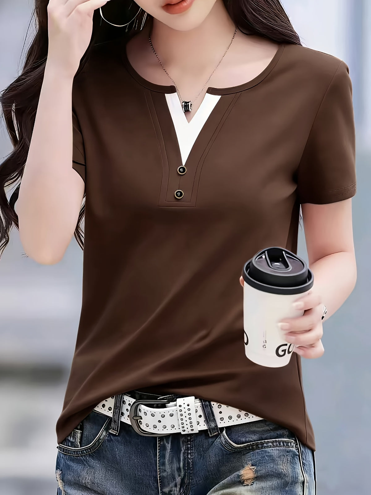 Ladies Casual Fashion Two-Piece Top - Coffee Brown