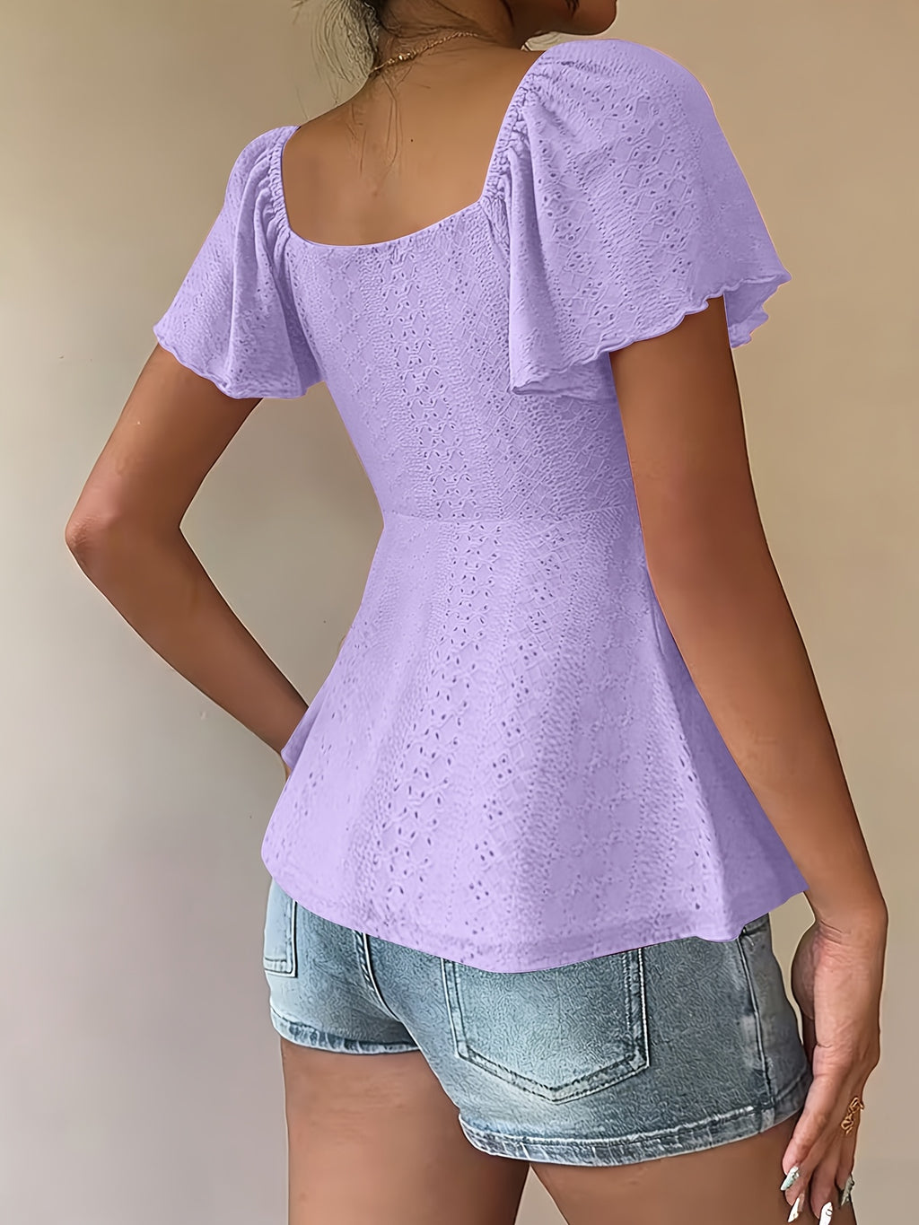 Fashionable and Elegant Spring/Summer New Arrival Y2K Solid Color Jacquard Comfortable and Breathable V-Neck Drawstring Short Sleeve Top Women's T-Shirt - Purple