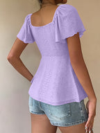 Fashionable and Elegant Spring/Summer New Arrival Y2K Solid Color Jacquard Comfortable and Breathable V-Neck Drawstring Short Sleeve Top Women's T-Shirt - Purple