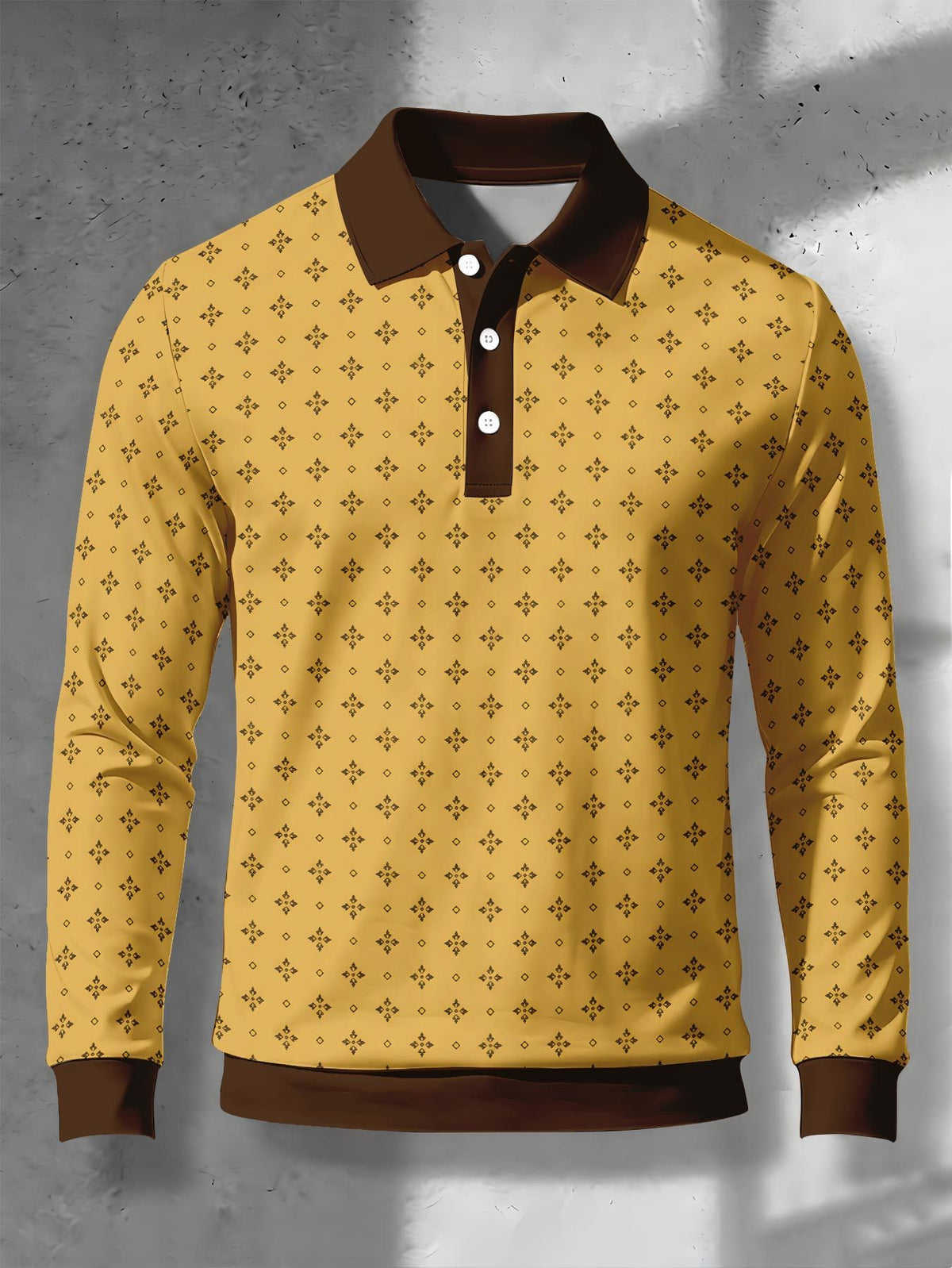 Men's Novelty Fashion Long-Sleeve Top with Fine Starburst Vintage Print, Three-Button Polo Shirt with Access Control Design, Punk Street Style Lapel Top for Daily Commuting and Outings, Surprise Birthday and Holiday Gift for Men - Mixed Color F