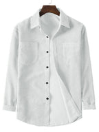 A Two-Piece Set for Men Featuring a Corduroy Button-Up Cardigan with Two Chest Pockets, a Stylish Solid Color Striped Shirt, And Men'S Apparel - White and red two-piece set