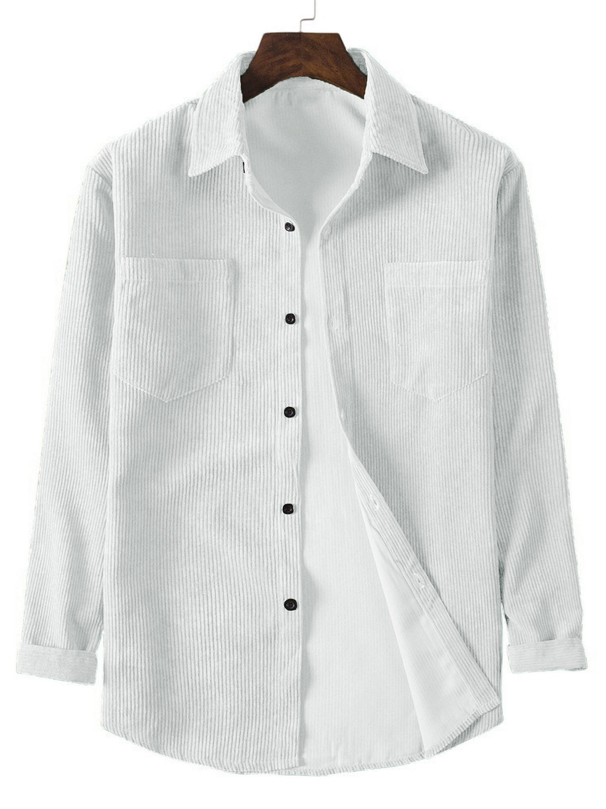 A Two-Piece Set for Men Featuring a Corduroy Button-Up Cardigan with Two Chest Pockets, a Stylish Solid Color Striped Shirt, And Men'S Apparel - White and red two-piece set