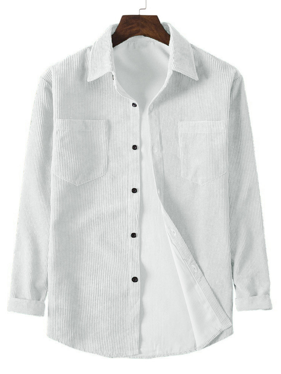 A Two-Piece Set for Men Featuring a Corduroy Button-Up Cardigan with Two Chest Pockets, a Stylish Solid Color Striped Shirt, And Men'S Apparel - White and red two-piece set