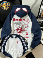 Dark Trendy Cool Autumn Winter Zipper Hooded Men'S Sweatshirt, Retro Gothic Text Totem Back Print Patch Shoulder Color-Block Unisex Jacket, Casual All-Match Non-Size-Specific, Suitable for Anime Fans, Student Campus Wear, Outdoor Leisure Travel - Navy Color