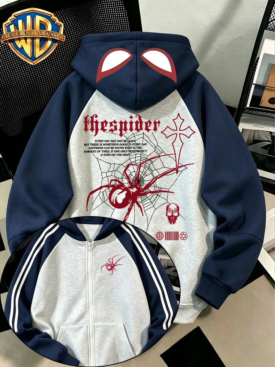 Dark Trendy Cool Autumn Winter Zipper Hooded Men'S Sweatshirt, Retro Gothic Text Totem Back Print Patch Shoulder Color-Block Unisex Jacket, Casual All-Match Non-Size-Specific, Suitable for Anime Fans, Student Campus Wear, Outdoor Leisure Travel - Navy Color