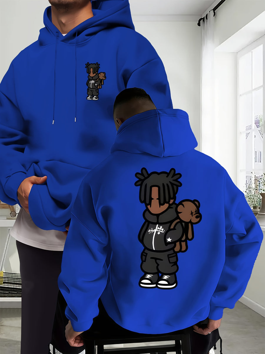 Cartoon Men's New Trendy Autumn Winter Hoodie, Casual Daily Drawstring Hooded Sweatshirt with Creative Design Print, Front Kangaroo Pocket, Unisex Top - Blue