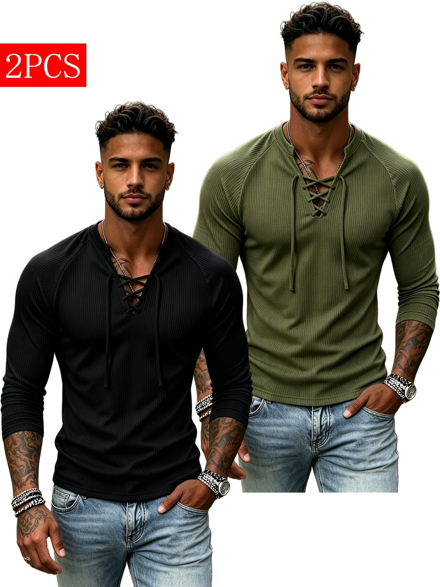 Men'S 2pcs Cross-Lace V-Neck Henley Shirt Long Sleeve T-Shirt Interlock Ribbed Elastic Skin-Friendly Breathable Fabric Off-Shoulder Slim Fit Slimming Top - Black + Army Green