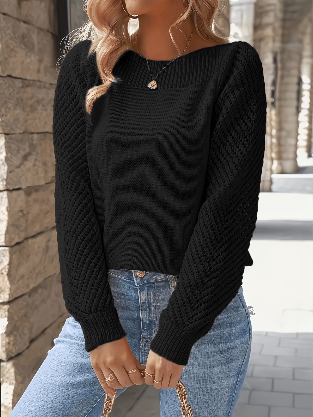 Women's Middle Eastern Style Long-Sleeve Sweater - Solid Color Crewneck Pullover, Regular Fit for Spring/Autumn Casual and Formal Wear, Elegant Series, Cute Style, Daily Comfort, Suitable for Multiple Occasions, Cut-Out Sleeve Design - Black
