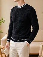 Black Friday, Christmas, Thanksgiving Pre-Heat, Men's Acrylic Blend Five-Color Options, Cable Knit, Contrast Stripe Ribbed Crew Neck Pullover Sweater with Contrast Stripes at Neckline, Cuffs, and Hem, Vintage Casual Daily Wear for Autumn/Winter - Black