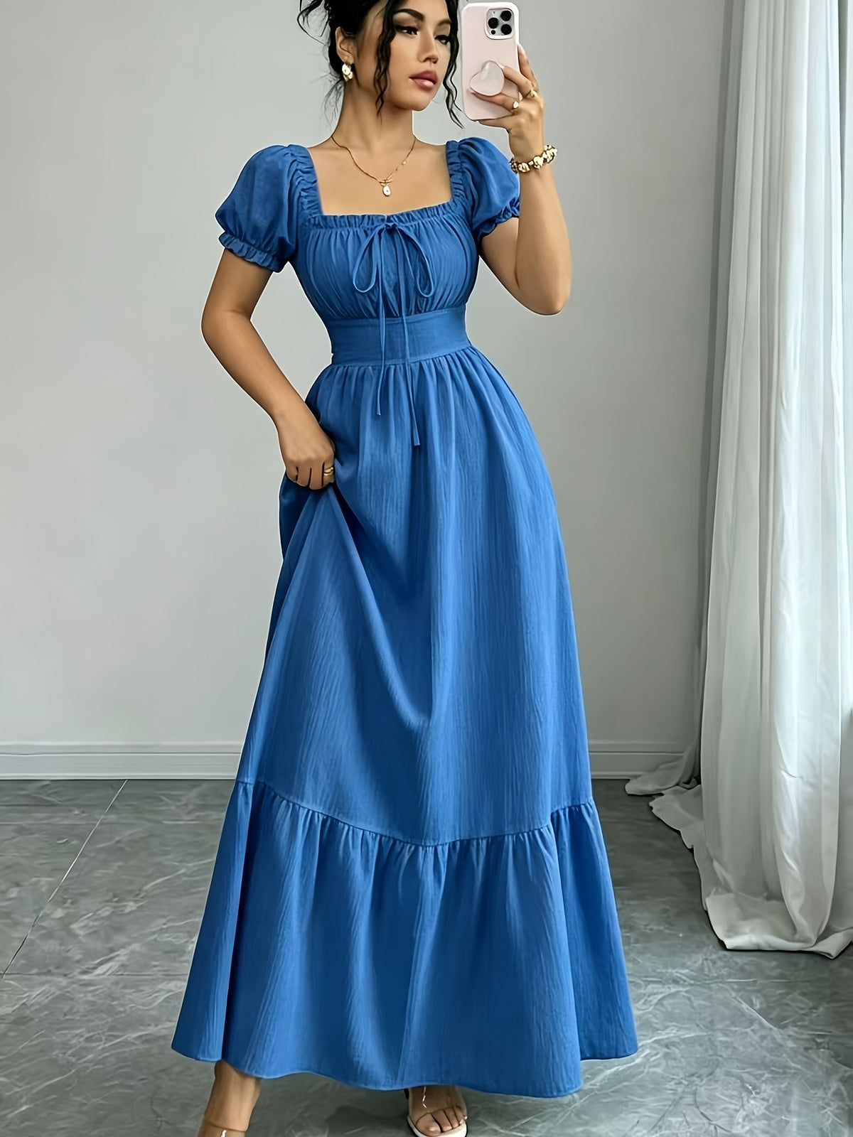 Elegant Dress Women'S Skirt Square Neck Puff Sleeve Tie-Up A-Line Long Dress Suitable for Outdoor Spring Summer Party Wedding Travel Zzy Spring Summer - Blue