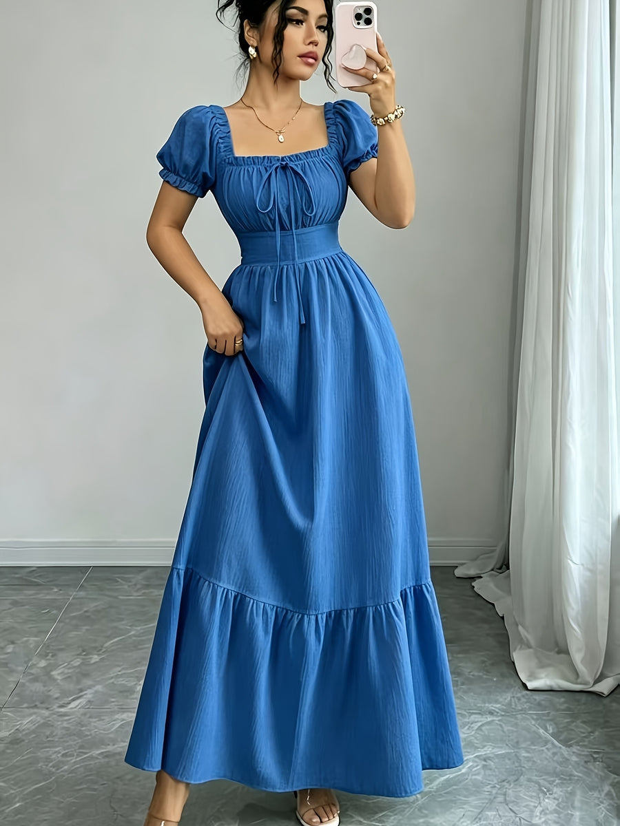 Elegant Dress Women'S Skirt Square Neck Puff Sleeve Tie-Up A-Line Long Dress Suitable for Outdoor Spring Summer Party Wedding Travel Zzy Spring Summer - Blue