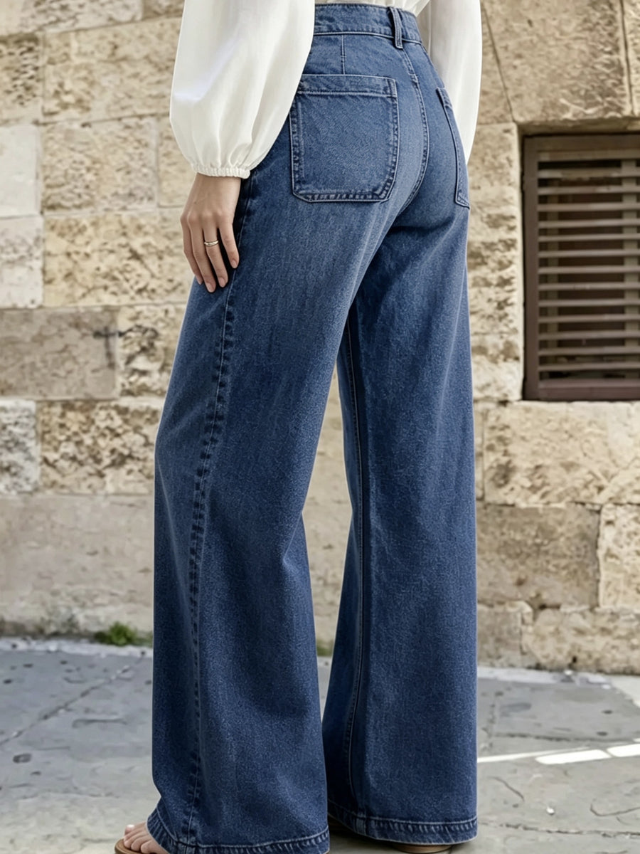 Sailor Style High Waist Jeans for Women, Golden Button Double Breasted Wide Leg Denim Pants, Trendy Stretchy Flared Pants - Navy Color