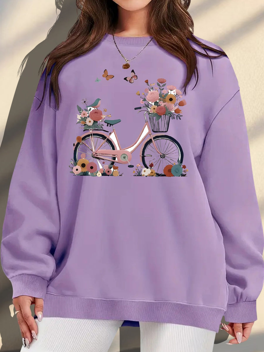 Plus Size, Extended Apparel: Women's Spring/Autumn/Winter Cross-Border European & American Plus-Size Simple Graphic Print Sweatshirt, Casual Crew Neck Sweatshirt, Women's Plus-Size Sweatshirt - Violet