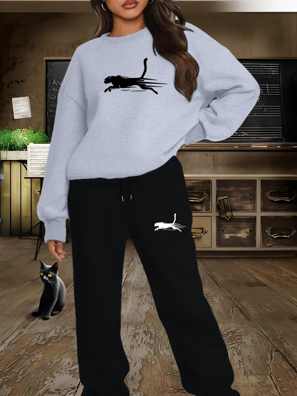 Women'S Casual Fleece-Lined Sweatshirt with a Round Neck And Matching Elastic Sports Pants Featuring a Leopard Print Design, Perfect for Autumn And Winter - Light Black