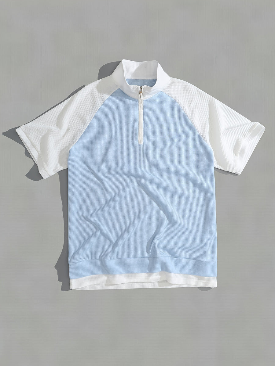 Men's New Summer Waffle Knit POLO Shirt, Casual Loose Fit Breathable Short Sleeve Zipper Half-Open Placket Color Block Patchwork Top with Raglan Sleeves, 2-in-1 Look T-shirt - Sky Blue