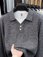 New Autumn/Winter Men's Pullover, Faux 2pcs Long Sleeve Lapel Knit Sweater, Geometric Pattern Men's Button-Up Sweater, Business Casual Fashion Versatile Solid Color Men's Top, Suitable for Daily Outings in Spring and Autumn, Men's Gift, First Choice - Black Gray