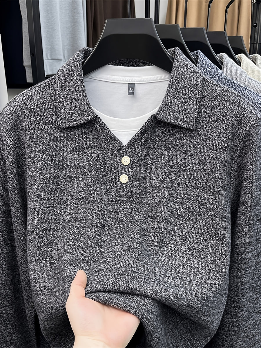 New Autumn/Winter Men's Pullover, Faux 2pcs Long Sleeve Lapel Knit Sweater, Geometric Pattern Men's Button-Up Sweater, Business Casual Fashion Versatile Solid Color Men's Top, Suitable for Daily Outings in Spring and Autumn, Men's Gift, First Choice - Black Gray