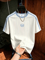Men's Summer Casual Striped T-Shirt with Contrast Shoulder Stripes & Wheat Ear Shield Print - Breathable Crew Neck Short Sleeve Top, Suitable for Warm Weather, Machine Washable.com-compatible - Milky