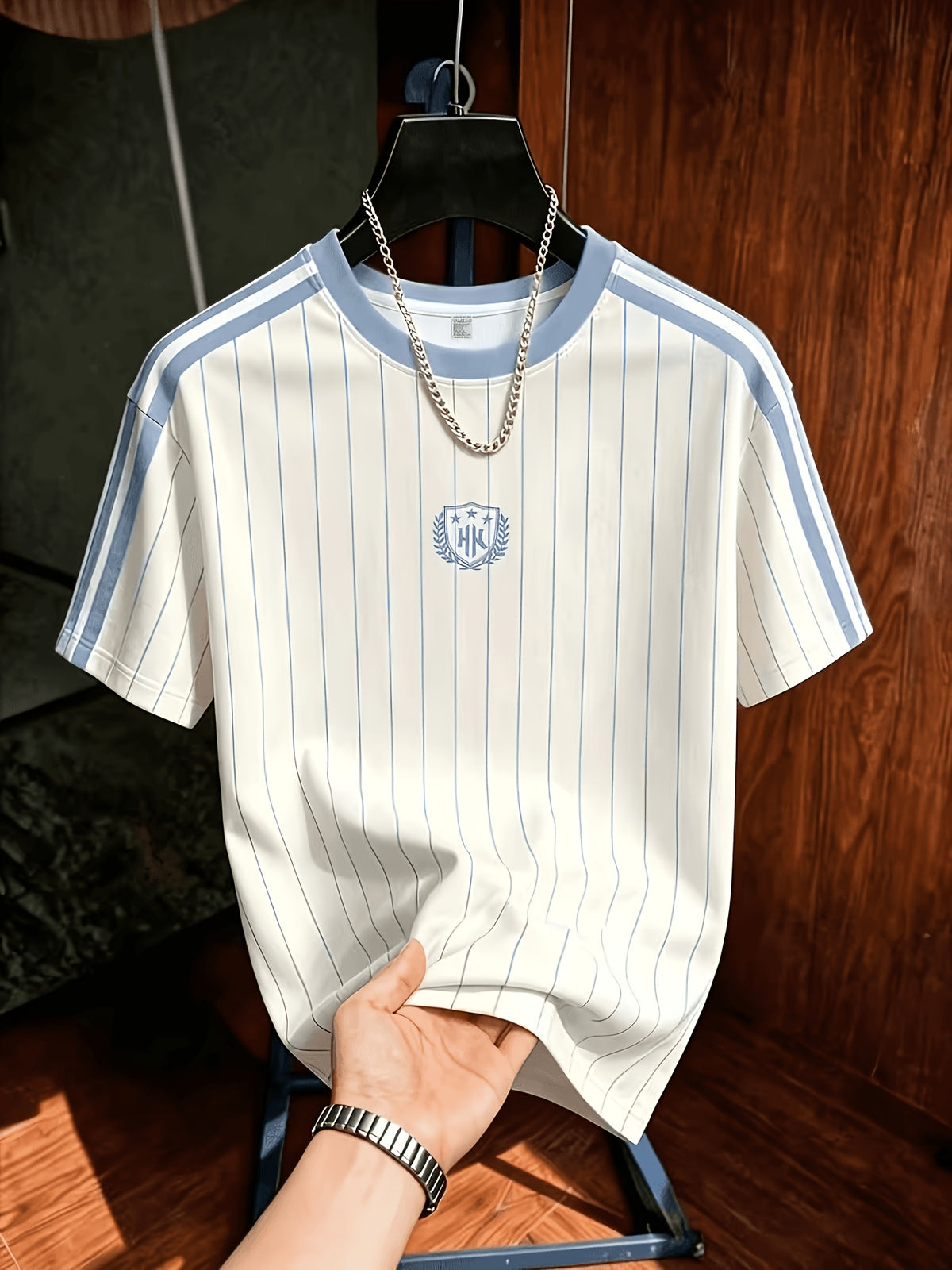 Men's Summer Casual Striped T-Shirt with Contrast Shoulder Stripes & Wheat Ear Shield Print - Breathable Crew Neck Short Sleeve Top, Suitable for Warm Weather, Machine Washable.com-compatible - Milky