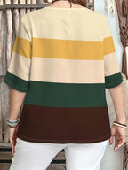 Printed Design – Not Textured. Women's Casual Button-Patch Colorblock V-Neck Three-Quarter Sleeve T-Shirt, a Perfect Gift for. - Mixed Color D