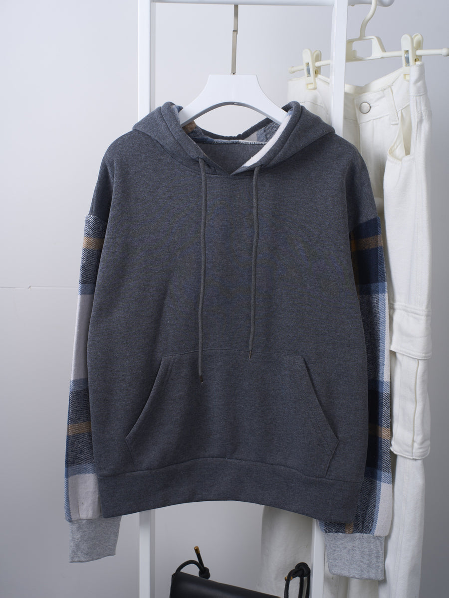 2026 Autumn/Winter High-Quality Women's Plaid Patchwork Hooded Sweatshirt, Loose-Fit Drawstring Pullover Top, Versatile Casual Long-Sleeve Pocket Hoodie, Relaxed Academic Style Outerwear - Dark Gray