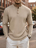 1pc Men's Casual Jacquard Henley Shirt, Autumn/Winter Stretchy Striped Jacquard Textured Fabric Long-Sleeve Polo Shirt, Outdoor Sports Versatile Base Layer Top - Apricot