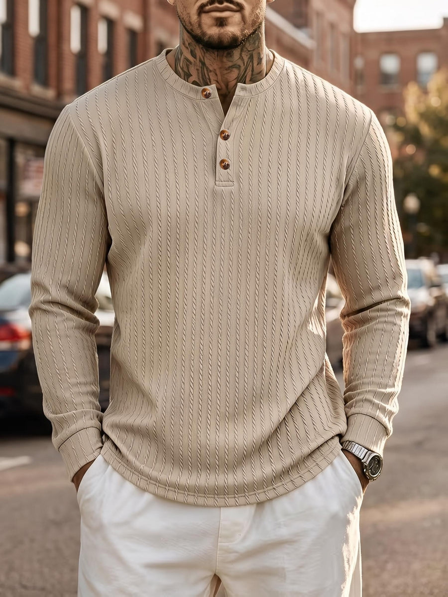 1pc Men's Casual Jacquard Henley Shirt, Autumn/Winter Stretchy Striped Jacquard Textured Fabric Long-Sleeve Polo Shirt, Outdoor Sports Versatile Base Layer Top - Apricot