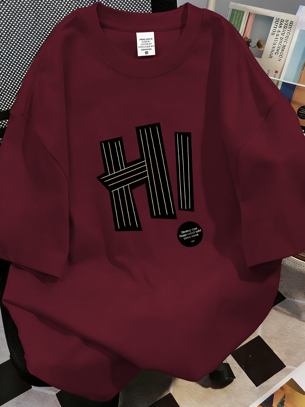 Minimalist HI Letter Print T-Shirt, Y2K Trendy Loose Casual Short Sleeves - Burgundy