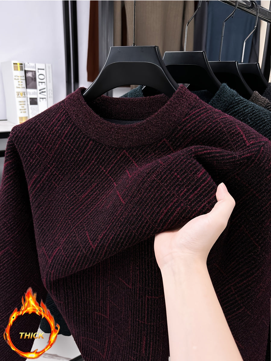 Men'S Semi-High Neck Sweater Autumn Winter Fleece Thick Warm Knitwear Middle-Aged Jacquard Pullover Base Layer - Burgundy