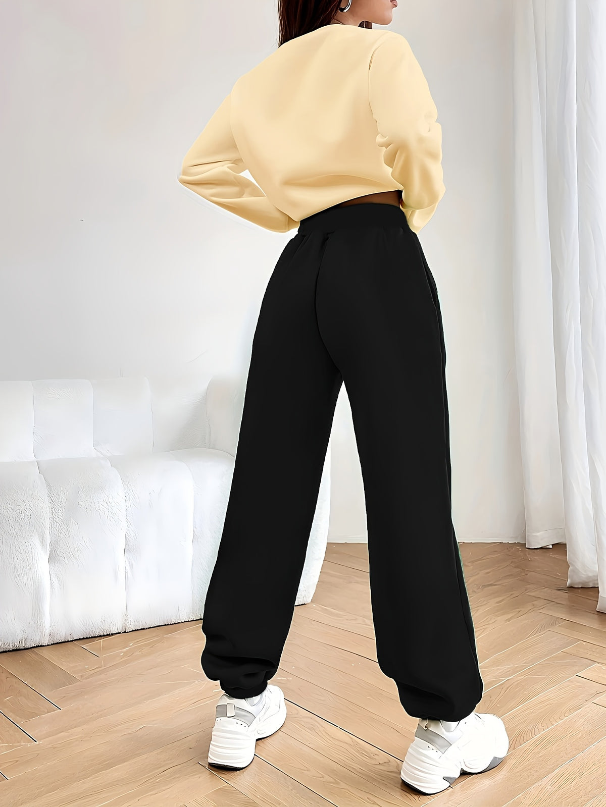 Women's Casual Tracksuit Set, Fashionable Paris Letter Print Long Sleeve Sweatshirt & Joggers Pants Outfit - Apricot