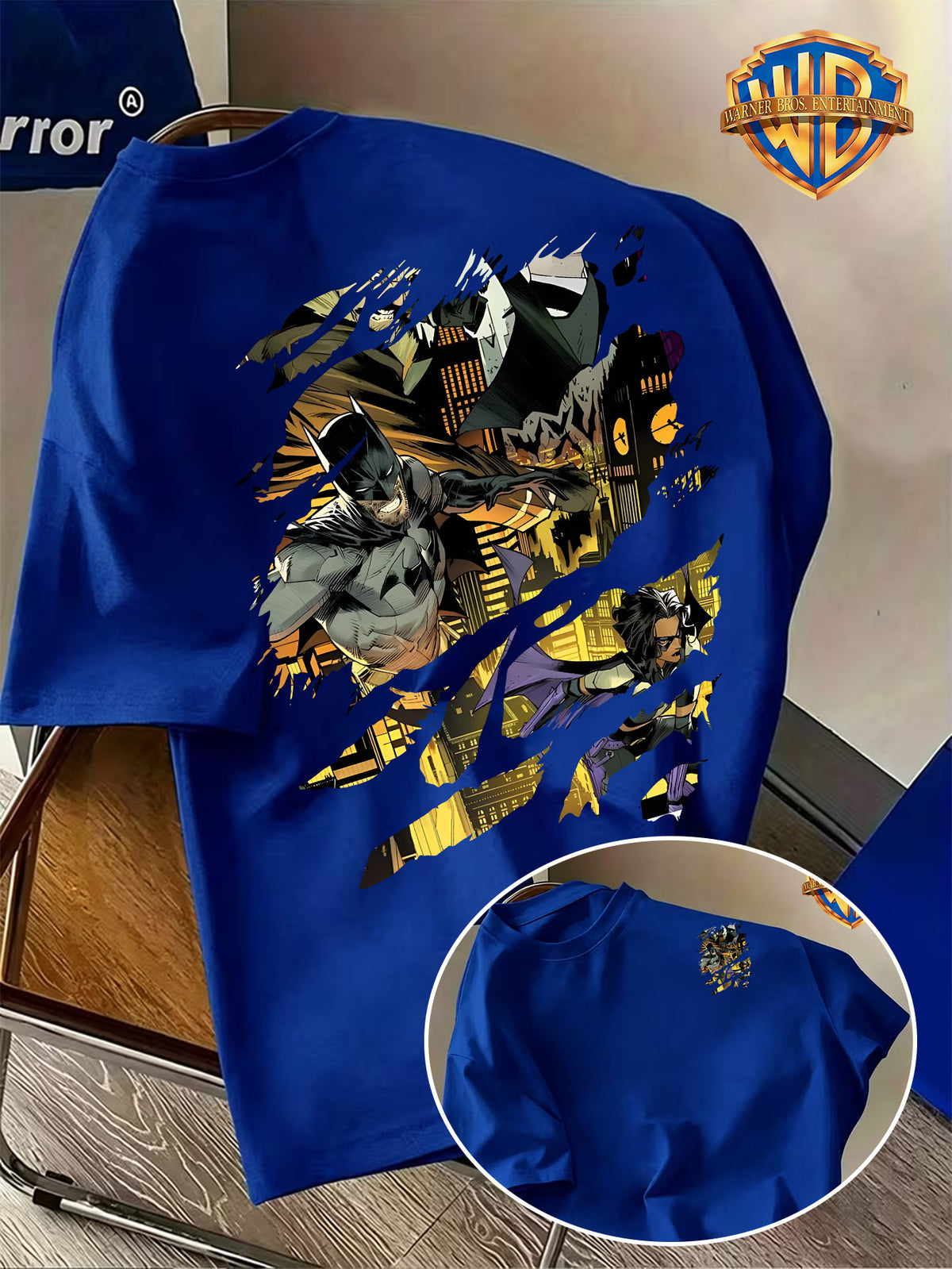 Warner Licensed American Retro Cartoon Men'S Round Neck Short Sleeve T-Shirt, BATMAN Ripped Bat Symbol Comic Scene Creative Pattern Print, Individual Niche Casual Men'S Top, Breathable Skin-Friendly Comfortable Fabric - Royal Blue