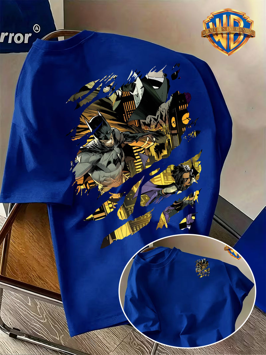 Warner Licensed American Retro Cartoon Men'S Round Neck Short Sleeve T-Shirt, BATMAN Ripped Bat Symbol Comic Scene Creative Pattern Print, Individual Niche Casual Men'S Top, Breathable Skin-Friendly Comfortable Fabric - Royal Blue
