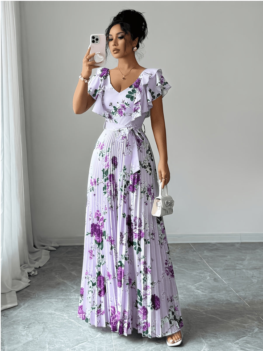 V-Neck Digital Floral Print Vacation Ruffled Waist A-Line Elegant Romantic Women'S Dress - Violet