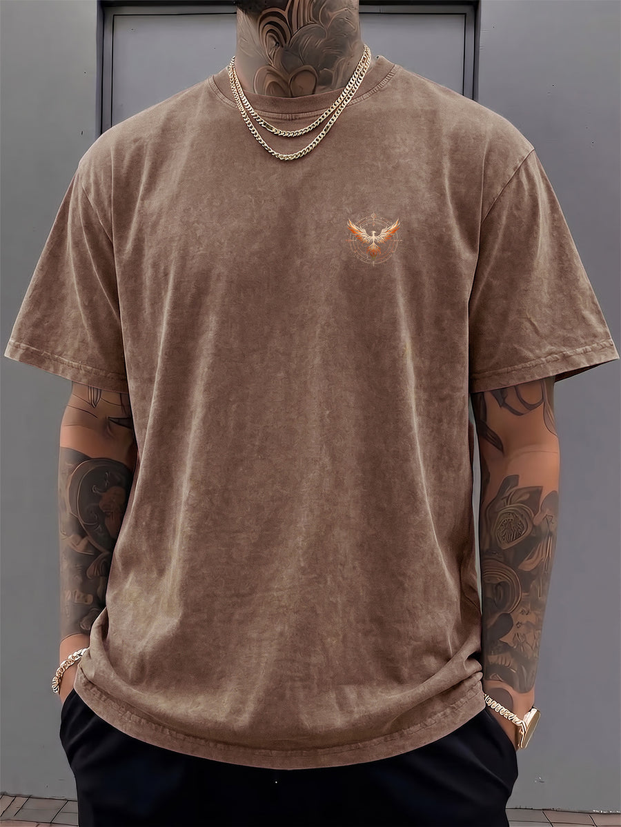 Men's Short-Sleeve T-Shirt, Pure Cotton Loose Fit Washed Distressed Top, Small Phoenix Compass Print, Trendy Print, 12 Colors for Mix and Match, American Street Style High Street Hip-Hop Couple's Outfit for Daily Streetwear, Commuting - Brown