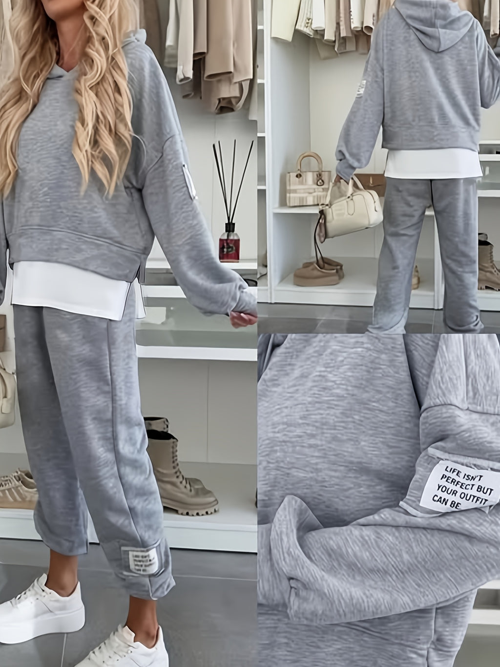 Women's Hooded Patchwork Casual Swear Set, Fashionable Commute Style, Unique Tag Design on Sleeves and Pants, 2-in-1 Look Hooded Top + Pants Set, -Lined for Autumn/Winter, Machine Washable - Silvery Grey
